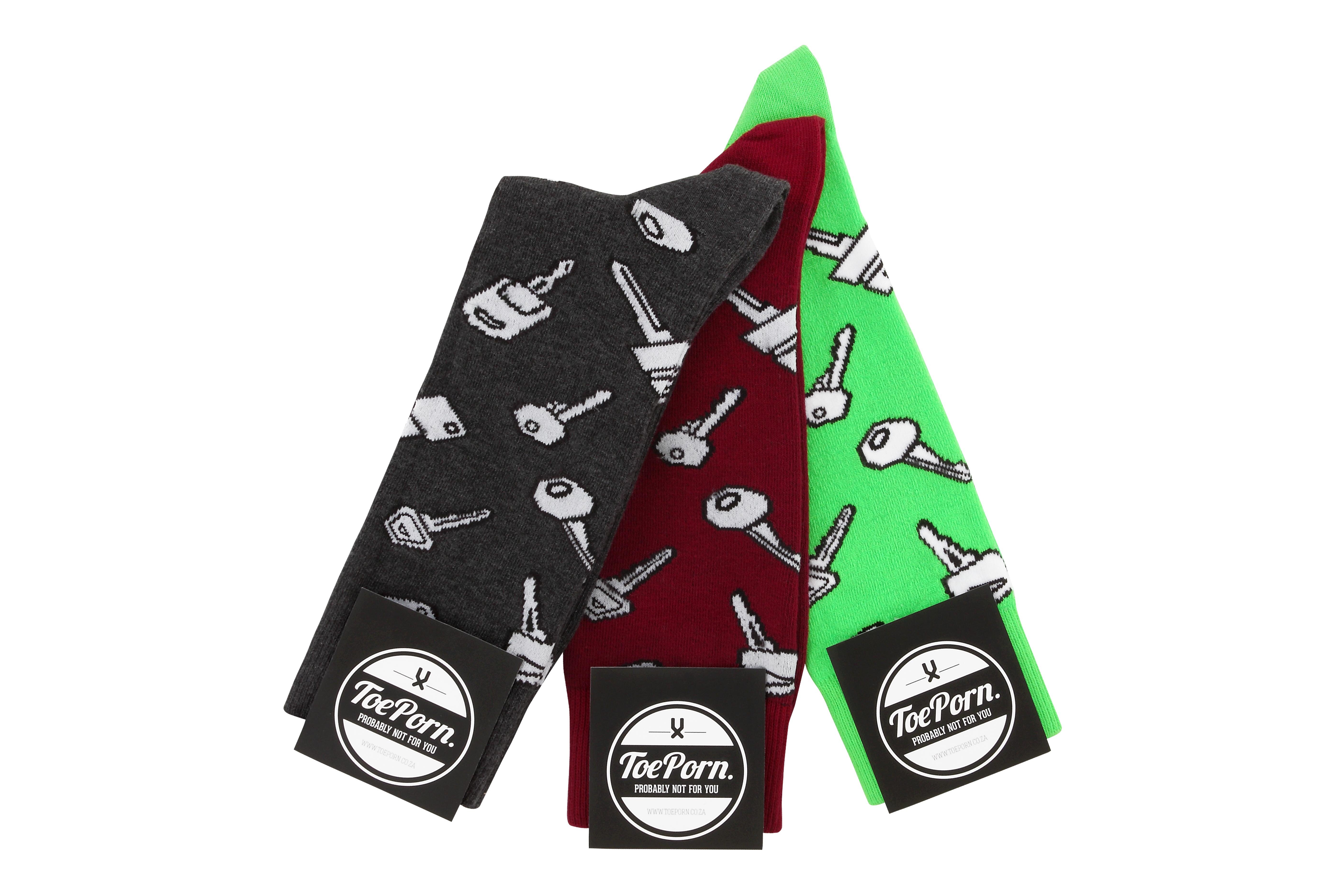 Kayden Key ToePorn socks available in Charcoal, Maroon and Neon Green, R90 each