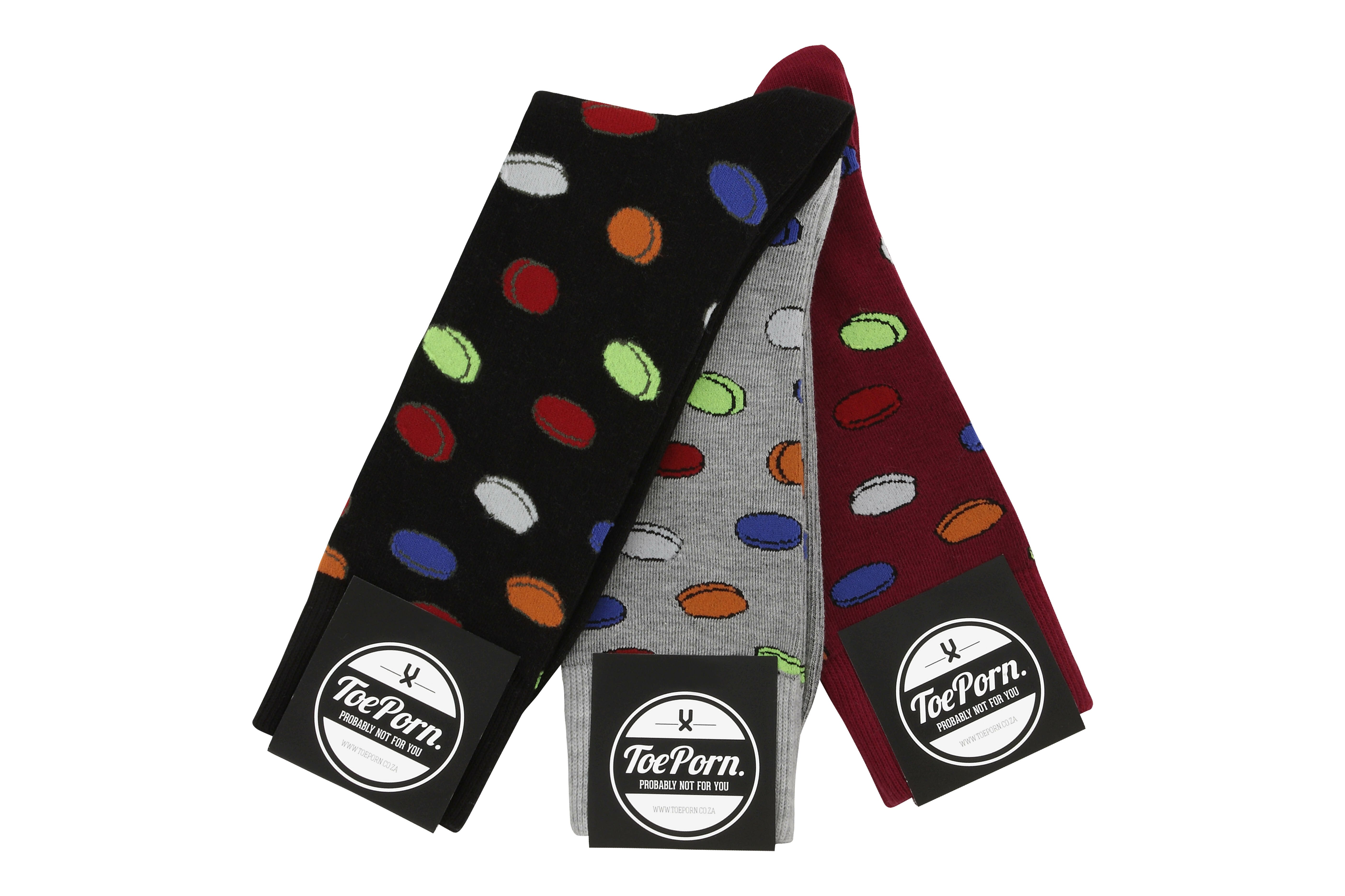 Tanner Macaroon ToePorn socks available in Black, Light Grey Melange and Maroon, R90 each